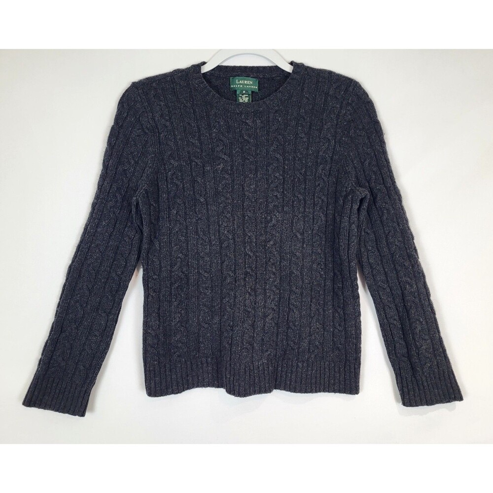 LRL Ralph Lauren Wool Cashmere Angora Cable Knit Sweater Medium Black Charcoal